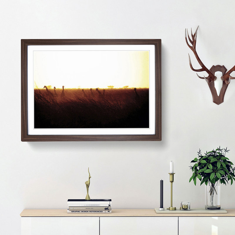 Giraffes at Sunset - Picture Frame Graphic Art Print, Walnut Framed, 27cm H x 36cm W x 2cm D