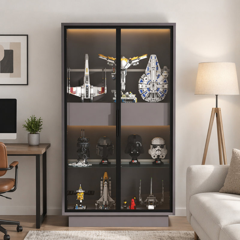Vitrine autoportante avec porte en verre, bibliothèque avec 2 tiroirs de rangement, garde-manger avec éclairage à DEL et tablettes réglables, pour les couloirs, la cuisine, le salon et le bureau
