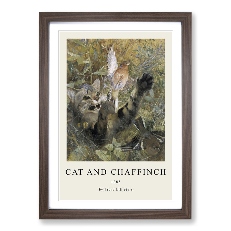 A Cat and a Chaffinch Bird by Bruno Liljefors - Picture Frame Painting, Walnut Framed, 36cm H x 27cm W x 2cm D