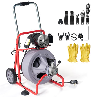 100 FT x 3/8 inch Electric Drain Cleaner Machine with Auto-Feed & 9 Cutters, Sewer Snake Auger for 1–4 Inch Pipes, Foot Switch & Wheels, Ideal for Home & Commercial Use, Grey/Red