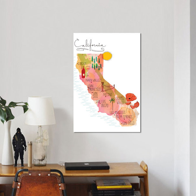 «California Map», reproduction d'art sur toile, H 24 po x l 16 po x P 1 po, Papier d'art encadré noir, Blanc