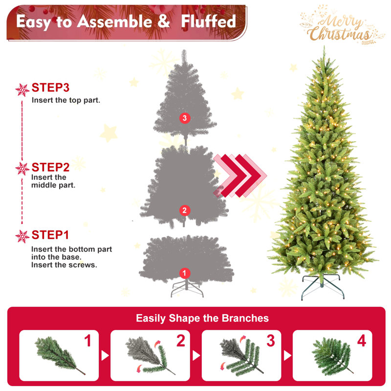 Arbre de Noël mince avec lumières à DEL blanc chaud, conception à charnières peu encombrante, installation facile, support en métal robuste - arbre à crayons réaliste pour les petits espaces