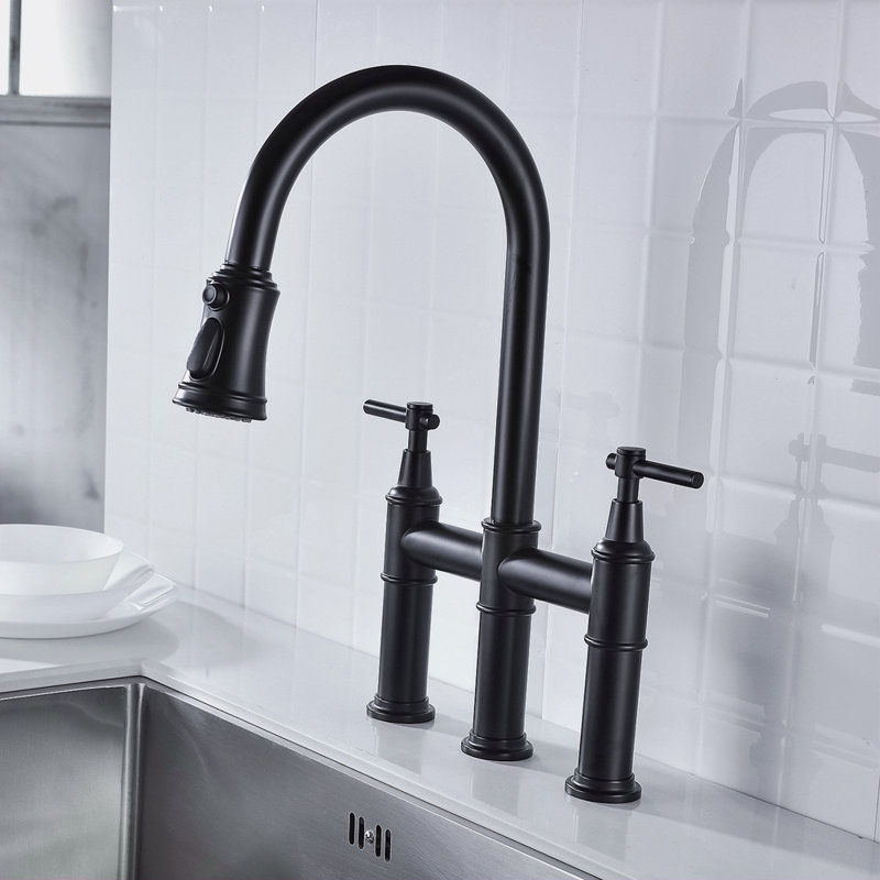Bridge Kitchen Faucet With Pull-Down Sprayhead In Spot, Matte Black