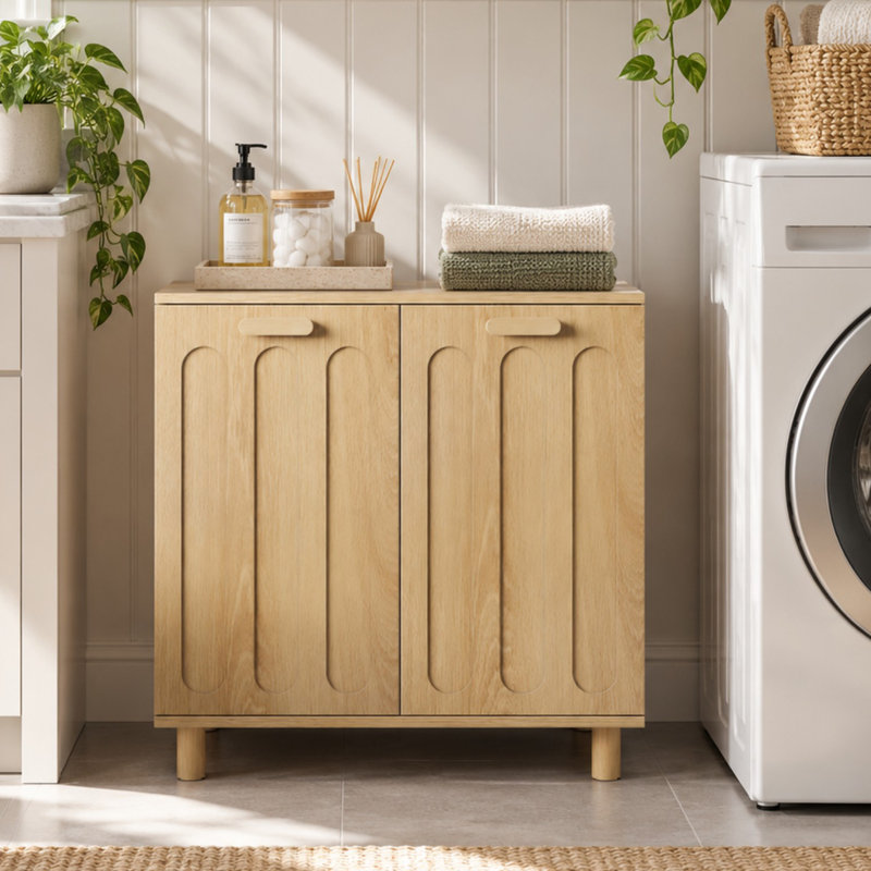 Tilt Out Laundry Hamper Cabinet with Removable Baskets and Solid Wood Legs