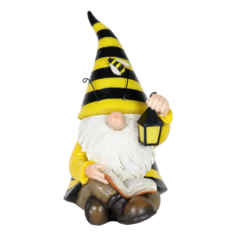 Hand Painted Solar Beekeeper Garden Gnome with Lantern and Book