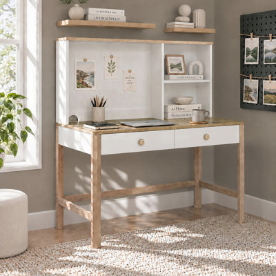 Easton 47" Modern & Contemporary Rubberwood Writing Desk with Open-Shelf Hutch, 2 Ball Bearing Drawers & Tip Restraining Hardware