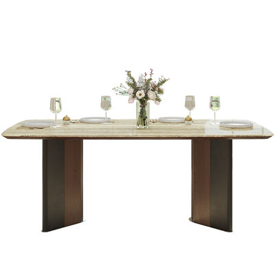 63" Modern 6-Seat Dining Table Sintered Stone Dining Table Rectangular Kitchen Table with Sturdy Wood & Stainless Steel Base