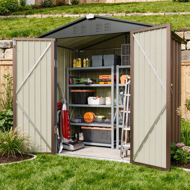 6' W x 4' D Lockable Outdoor Metal Storage Shed for Garden Tools & Patio Storage, Brown