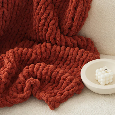 Chunky Knit Blanket Throw 50"×60" Knitted Throw Blankets for Couch Bed Fluffy Soft Blanket with Jumbo Chenille Yarn Thick 100% Handmade