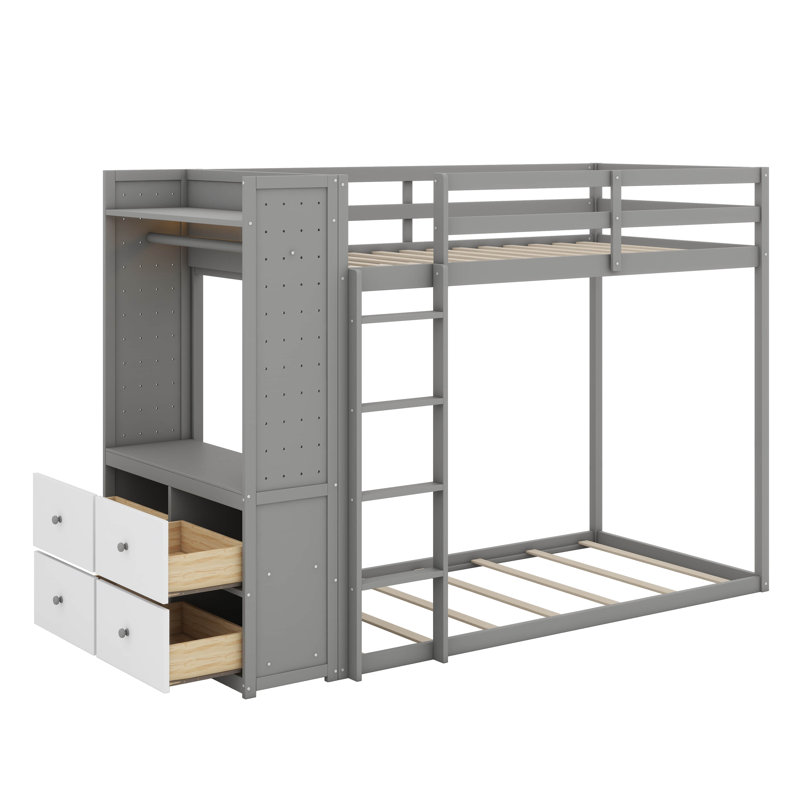 Lit superposé simple avec 4 tiroirs de rangement, tringle, bande lumineuse, tablettes intégrées et panneaux perforés doubles