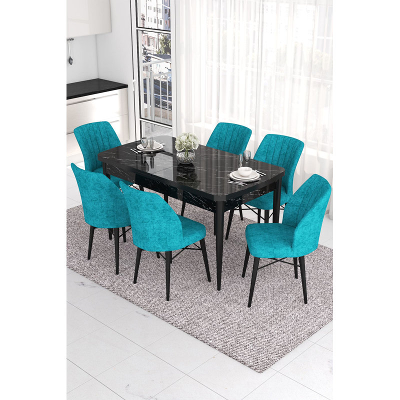 Ensemble de table et chaises de salle à manger moderne extensible (7 pièces), marbre noir et turquoise, table: 51,2 po x 30,7 po x 31 po (extension: 66,9 po) | Structure 100% bois aggloméré et métal, sièges en mousse confortables, parfaits pour les réunions de famille