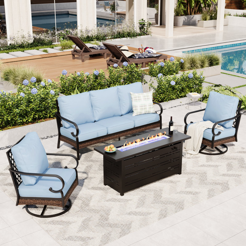 5 Person Outdoor Conversation Set With Swivel Lounge Chairs & Fire Pit Table, Black/Blue/Black