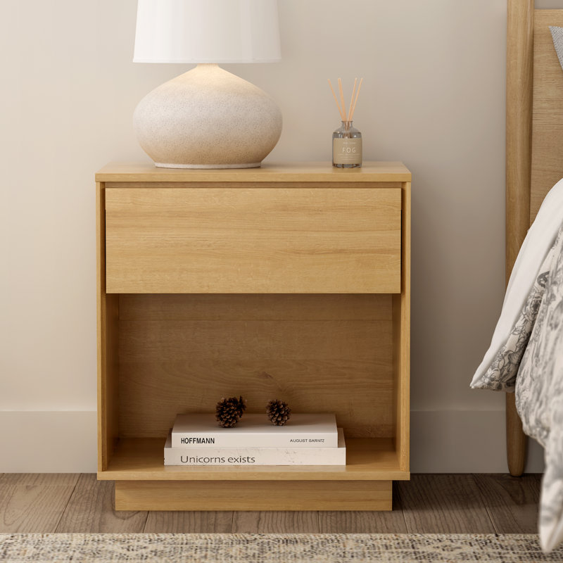 Nightstand, Wood End Side Table With Storage And Open Shelf, Individual, Natural Oak