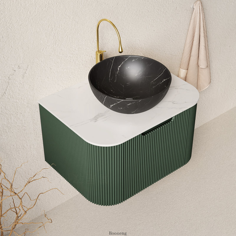 Meuble-lavabo flottant vert foncé 24 po avec armoire rayée incurvée, cuve en céramique noir mat et plateau en pierre frittée