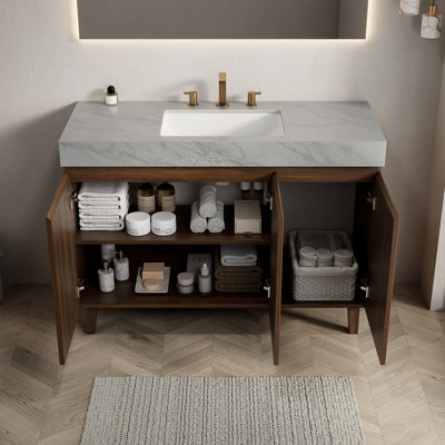 Ensemble de meuble-lavabo et lavabo autoportant 48 po, plateau en pierre frittée gris de Carrare, grain de bois noyer