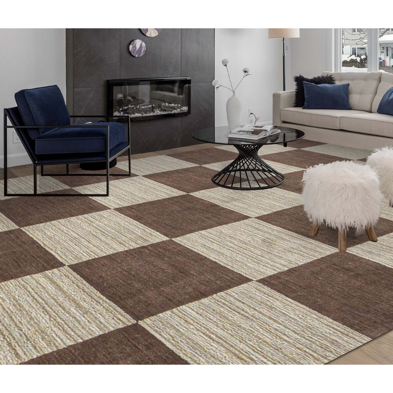 Gabbeh Wool Checkered Area Rug in Brown/Beige, Rectangle 3'10" x 5'10"