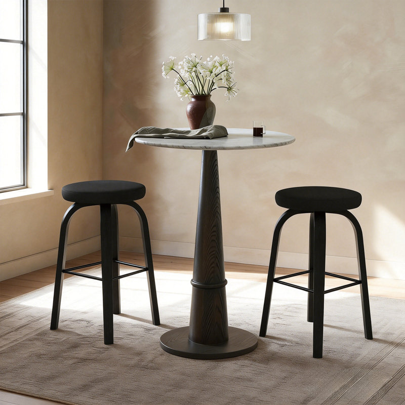 26″ Bar Stools,Mid-Century Modern Swivel Upholstered Counter Stool with Soild Wood Leg Frame, Black