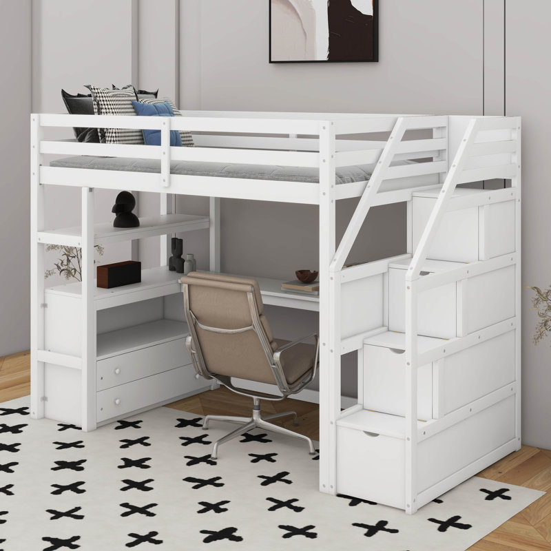 Lit mezzanine simple avec bureau et tablettes, Blanc