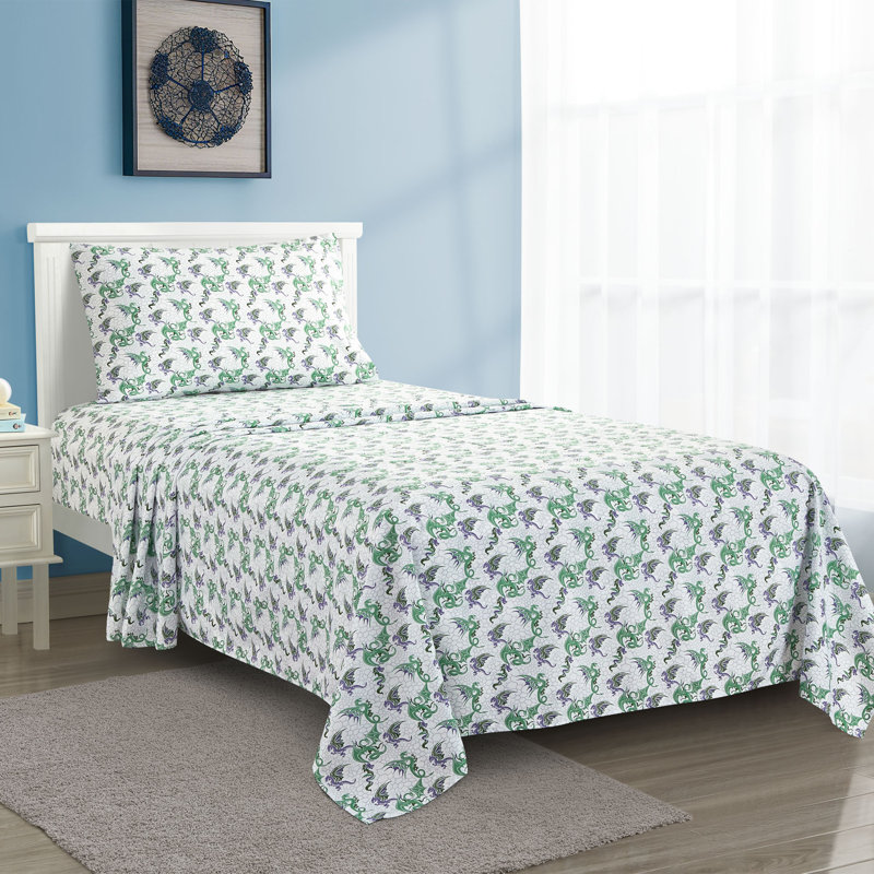 Ensemble de draps 3 pièces Dragon Scales, Vert/dragon, Ensemble de draps pour lit simple avec 1 taie d'or