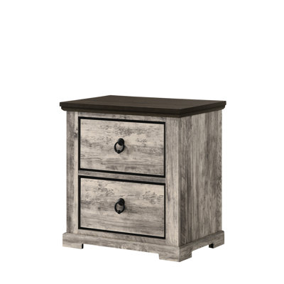 Table de chevet moderne en bois de couleur grise avec deux tiroirs de rangement et poignées métalliques