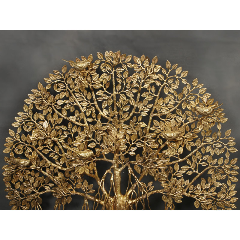27.7" Brass Tree with Perched Birds and Root Stand - Handmade Tree of Life Sculpture for Living Room Tabletop Decor