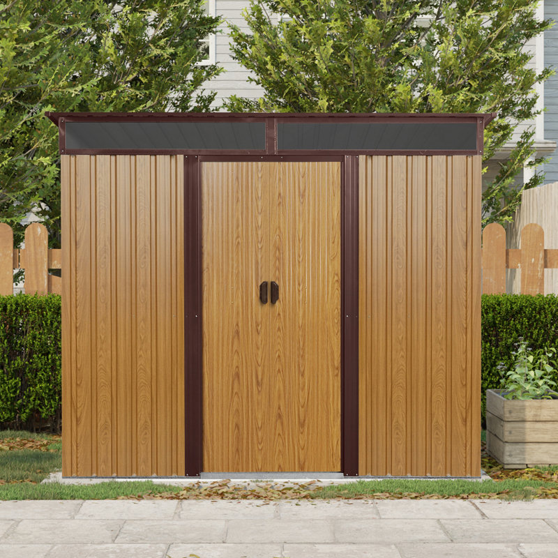 Outdoor Metal Storage Shed with Window and Transparent plate, Coffee, 71" H x 77" W x 59.50" D