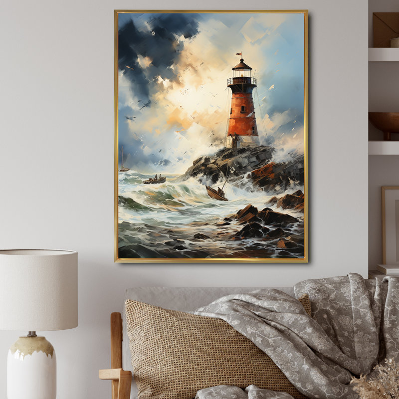 Phare rétro d'Izuma I, art mural de salon, H 20 po x l 12 po x P 1 po, Cadre flottant doré