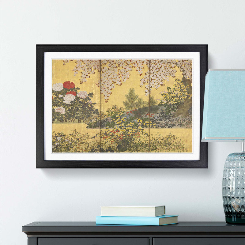 Flowers and the Butterflies by Tawaraya Sotatsu - Picture Frame Painting Print, Black Framed, 36cm H x 48cm W x 2cm D
