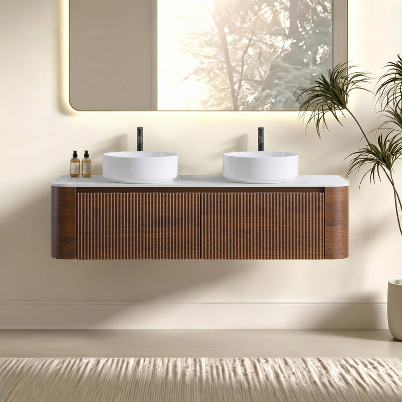 Meuble-lavabo mural 60 po avec double lavabo en céramique et porte-serviettes gratuit, Noyer, Blanc, 60"