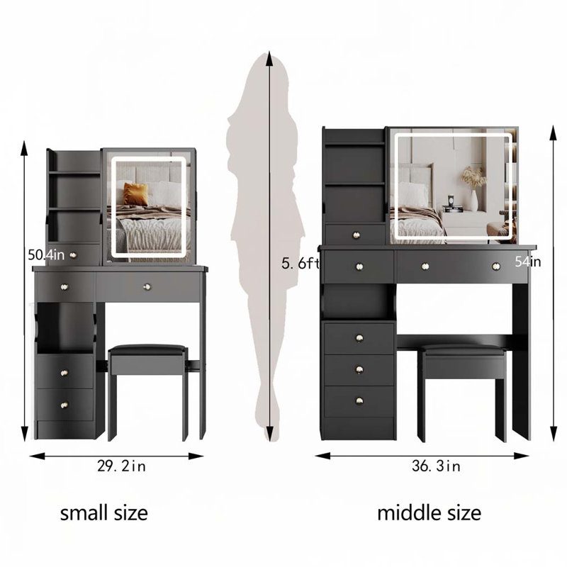 29.2" Small Size Left Bedside Cabinet Vanity Table + Cushioned Stool, 2 AC+2 USB Power Station, Hair dryer bracket, Extra Large Touch Control Sliding LED Mirror, Tri-colour Switching, Brightness Adjust