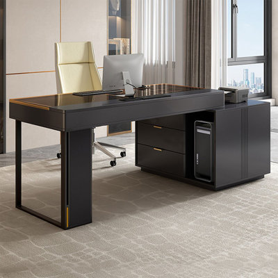 Black Rectangular Manufactured Wood+Glass+Steel with 5 drawers desk