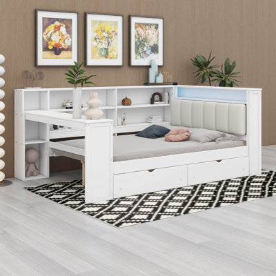 Corner Bed Frame With Storage Shelves, Daybed With Drawers, Charging Station And LED Light