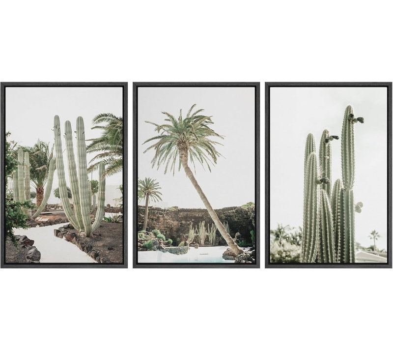 «Cactus Desert Green Palm Tree Southwest Nature Landscape», reproduction d'art sur toile encadrée, H 24 po x l 48 po, Noir