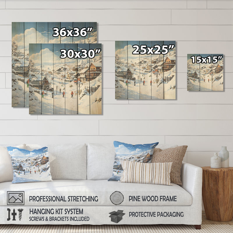«Skiing Winter Village Horizon» - fruits sur impression sur bois, H 30 po x l 30 po