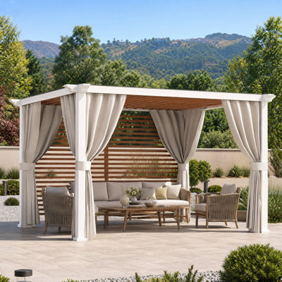 Palisade 10‘ X 12' Steel Frame Outdoor Patio Pegola With Slats Roof，Textilene Sun Shade Canopy Privacy Panel Screen Wall And Curtains For Backyard Garden And Deck Party