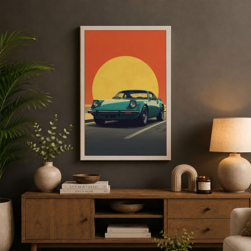 Cruising Into Sunset Retro - Wrapped Canvas, 18x12 - 45.7 x 30.5 cm, Ochre Border