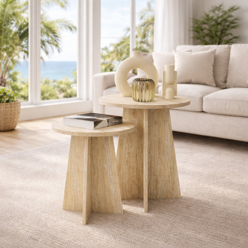 Modern Travertine Effect Round Nest of Tables, Set of 2 Faux Stone Side Tables