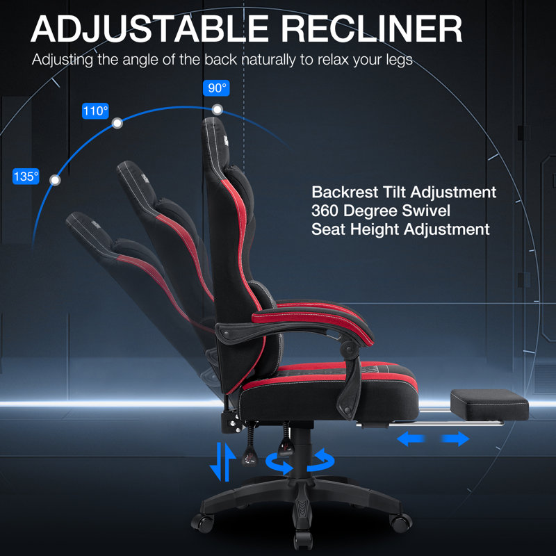 Fauteuil inclinable ergonomique en tissu et jeu de course avec coussin lombaire vibrant, Rouge
