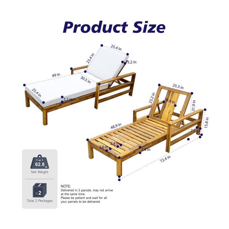Acacia Wood Outdoor Lounge Chair, 3-Position Adjustable Backrest, 18D High-Density Foam Cushions, Weather Resistant Easy Assembly, For Patio Garden Poolside Terrace Outdoor Space