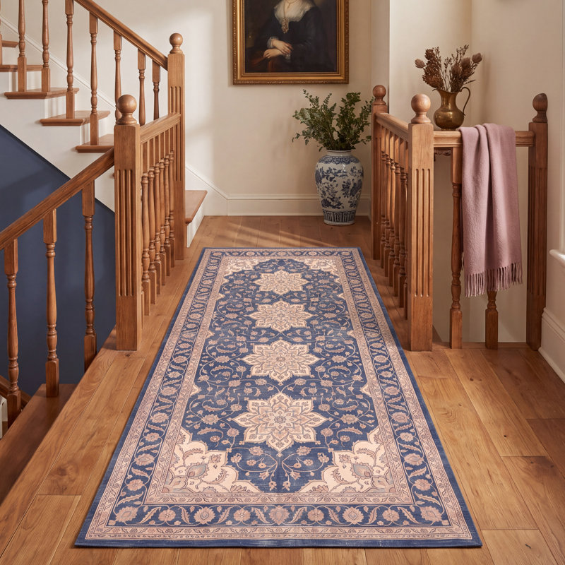 Tapis en basalte à médaillon traditionnel, style persan, bleu marine, ivoire, or, vert et rose, lavable à la machine, antidérapant, à poils courts, pour l'intérieur et l'extérieur, adapté aux animaux domestiques, idéal pour le salon, la chambre, la salle à manger, l'entrée, le couloir ou le bureau.