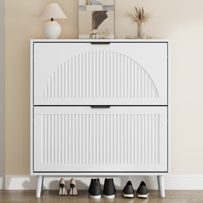Armoire à chaussures courbée 16 paires avec 2 tiroirs rabattables, rangement étroit en panneau de fibres à densité moyenne avec façade arquée, autoportant pour le vestibule