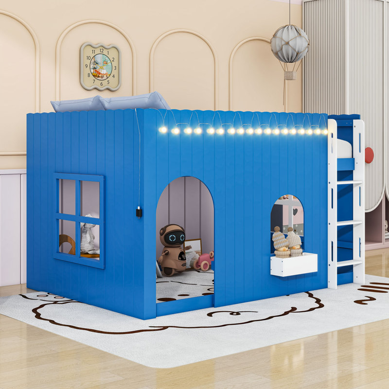 Country-Style Loft Bed with Built-in Warm Lighting and Versatile Play Space, Klein Blue, Full