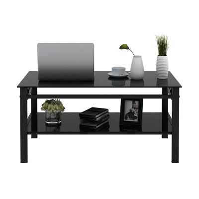 Glass Lift Top Coffee Table, Modern Simple 2-Layer Tempered Glass Coffee Table For Living Room, Black