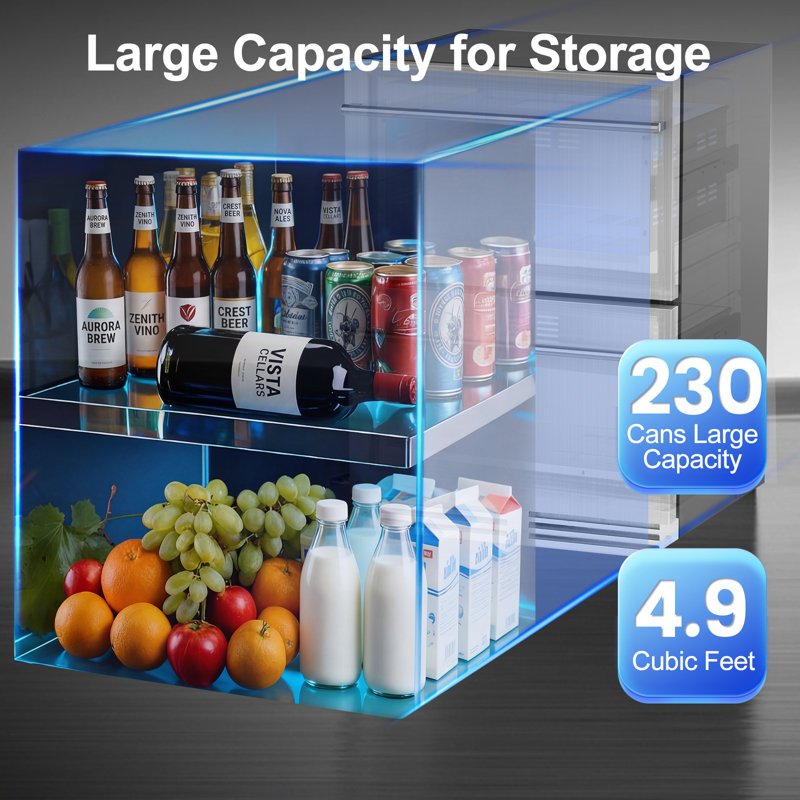 24" Beverage Refrigerator Double Drawer 230 Cans Built-In Stainless Steel Beer Cooler Fridge with Silent Slide 2 Compartment Organizer