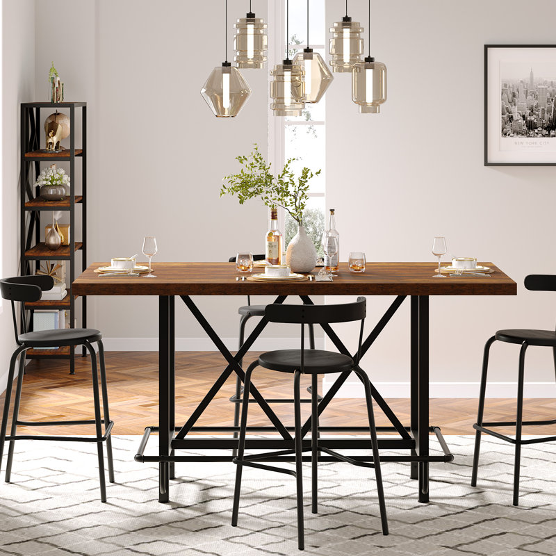 Dining Table For 6 People, Industrial Kitchen Table With Metal Footrest, Counter Height Dinner Table Rectangular Bar Table For Small Space, Apartment