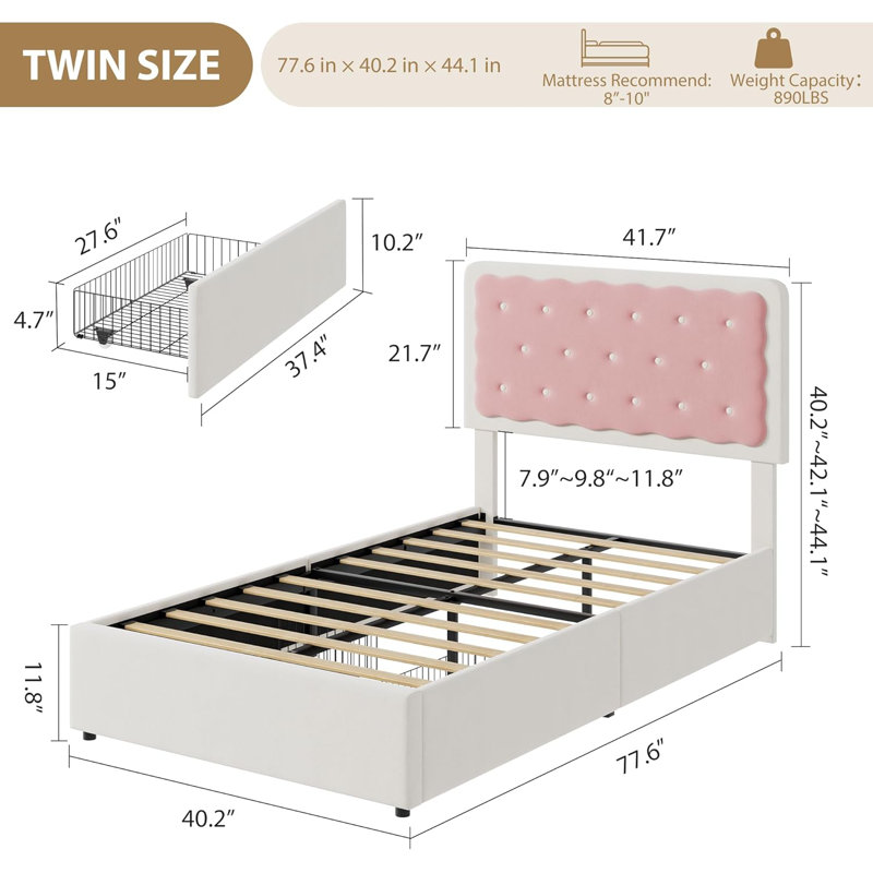 Structure de lit simple avec tête de lit en velours capitonné Biscuit, lit plateforme tapissier Princess avec 2 tiroirs de rangement, lattes en bois robuste, sans sommier, assemblage facile, blanc crème et rose