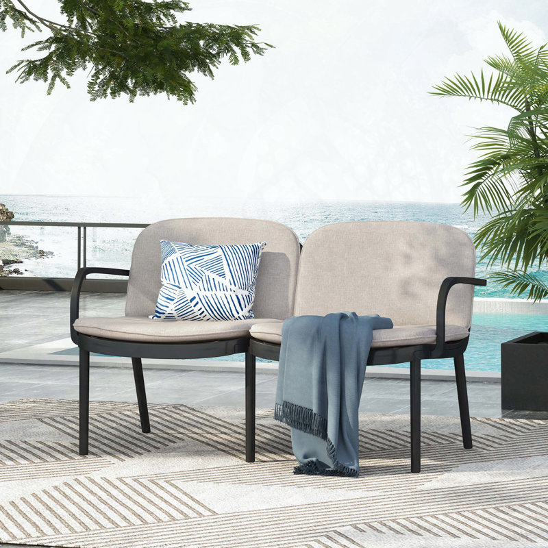PP Outdoor Loveseat with Water-Repellent Cushion, Beige Cushion/Black Frame