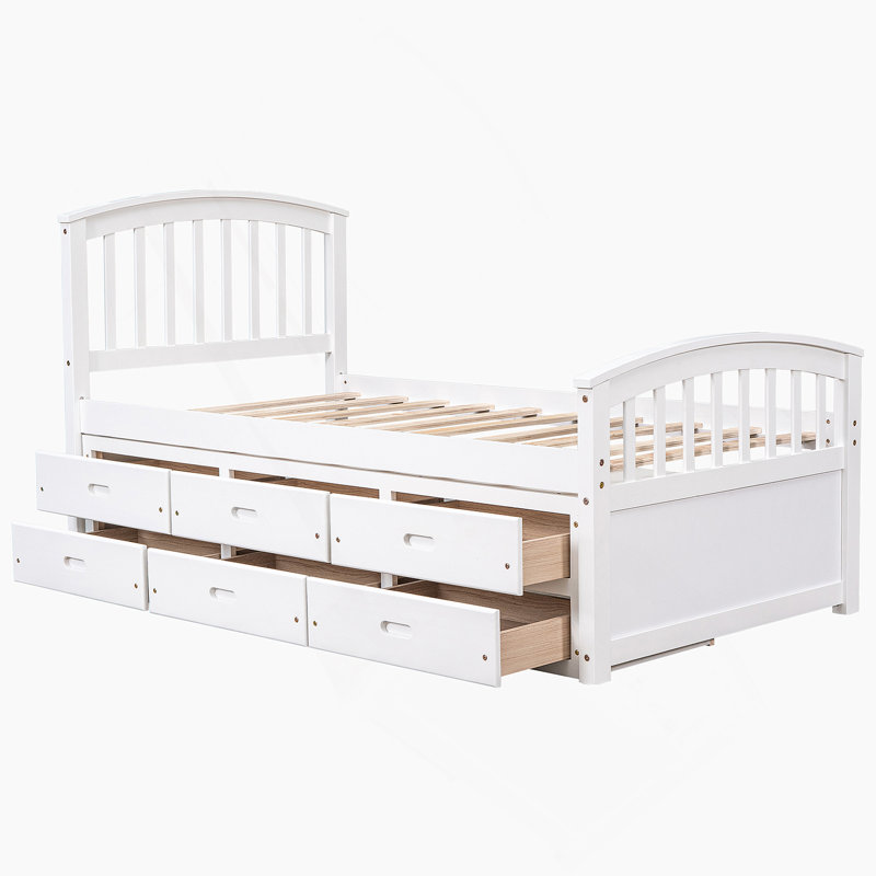 Lit plateforme simple en bois massif avec 6 tiroirs, Blanc