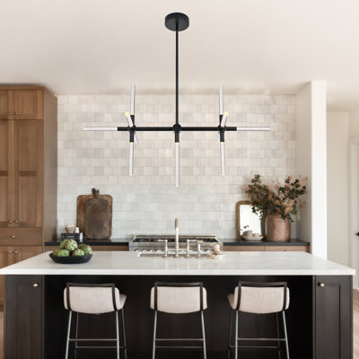Modern 12-Light LED Linear Chandelier With Bubble Crystal Columns, Matte Black Metal Frame, Dimmable Ceiling Light For Dining Room & Living Room
