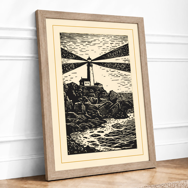 Lighthouse Beacon Coastal - Framed Print, A3 - 42.0 x 29.7 cm, Oak